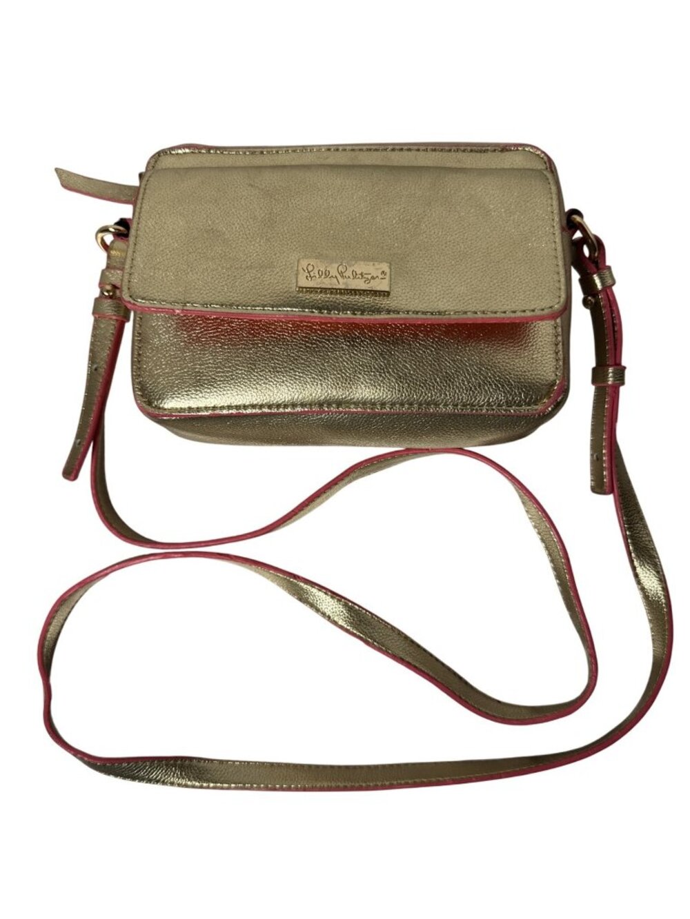 Lilly Pulitzer Metallic Gold Crossbody Bag With Pink Trim